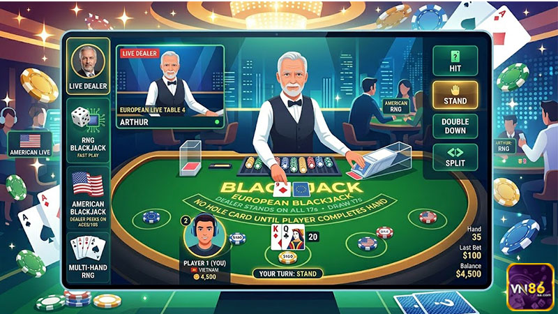 Không gian casino trực tuyến VN86 với nhiều trò chơi quen thuộc và giao diện hiện đại