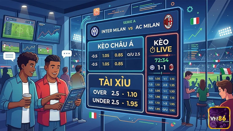 Kèo châu Á, tài xỉu và kèo live là những lựa chọn phổ biến khi tham gia cá cược bóng đá Ý